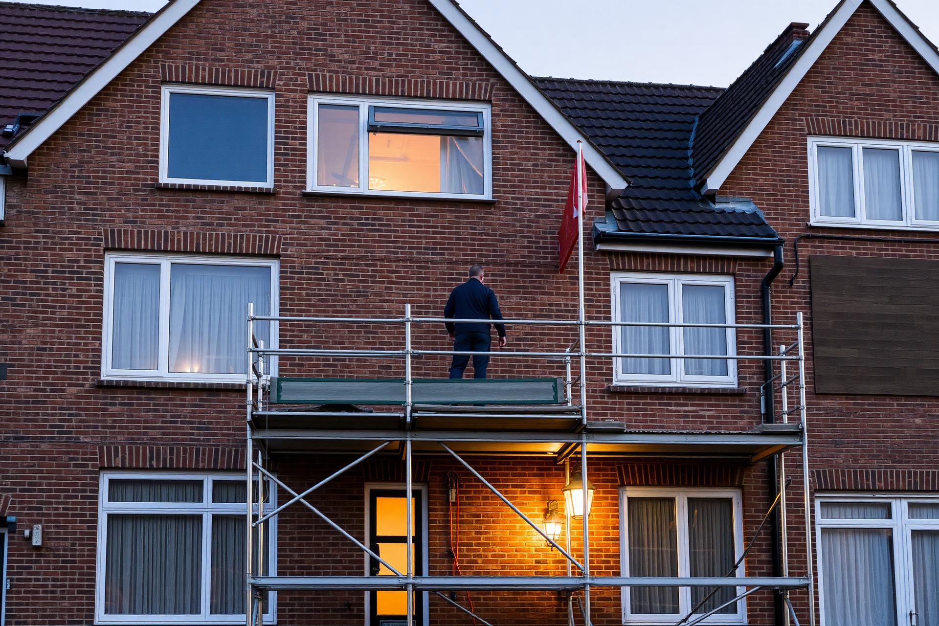 Vakman aan het werk op een steiger aan een woning in Kerkrade
